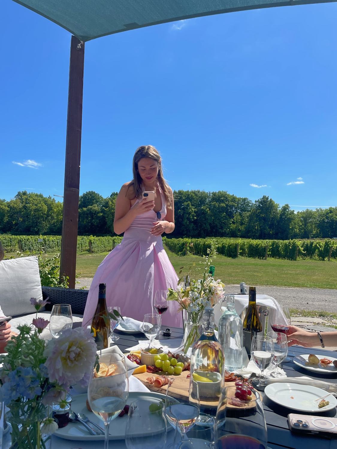 A member in a pink dress beside a table laid in the vineyard