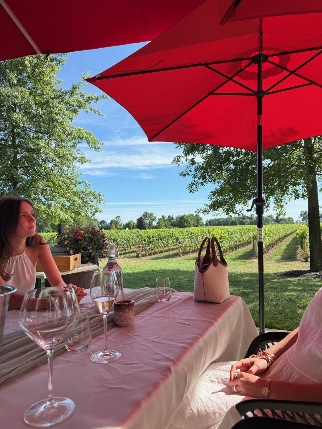 A table under red umbrellas looking over the vineyard