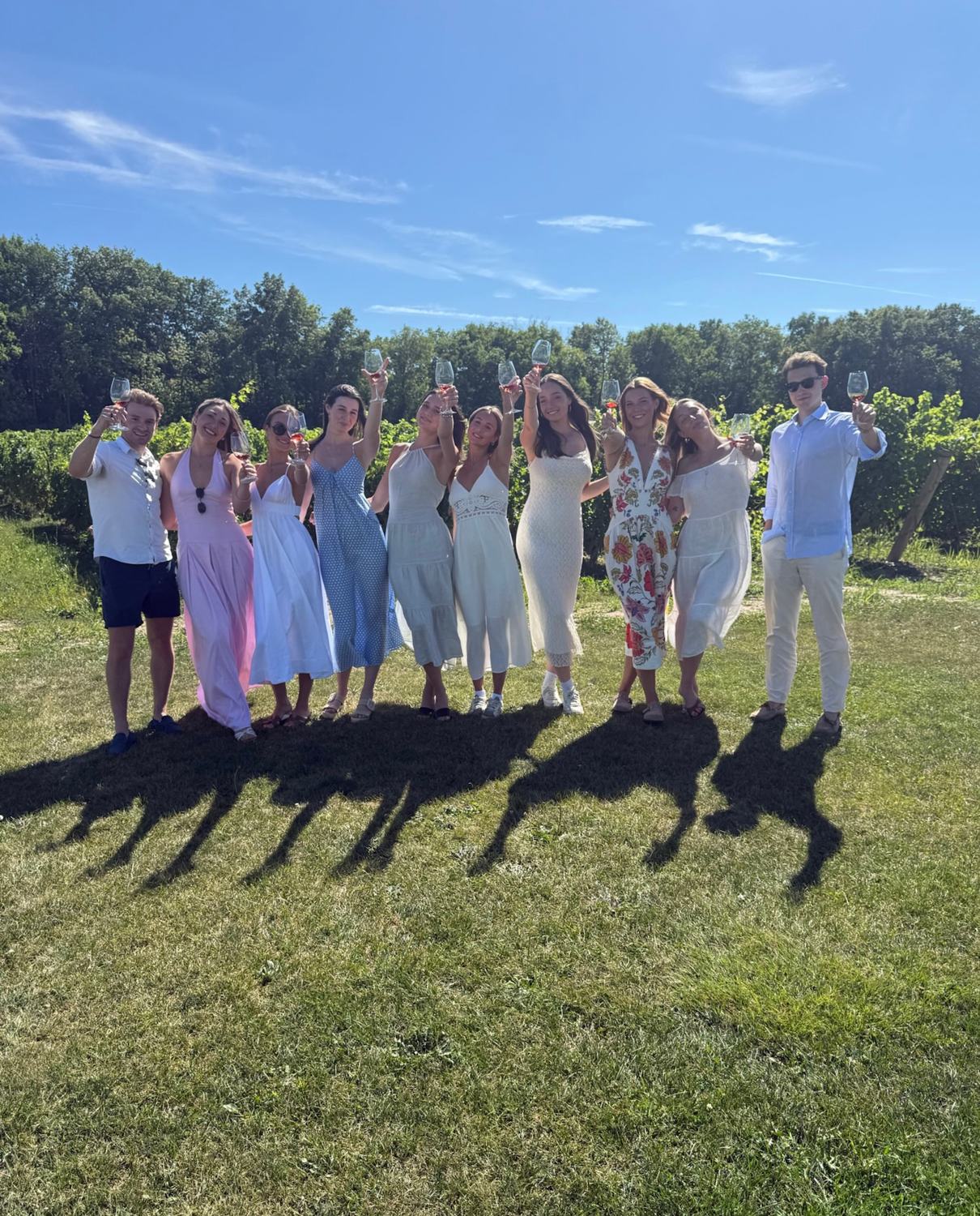 Members raising a toast on the lawn beside the vines